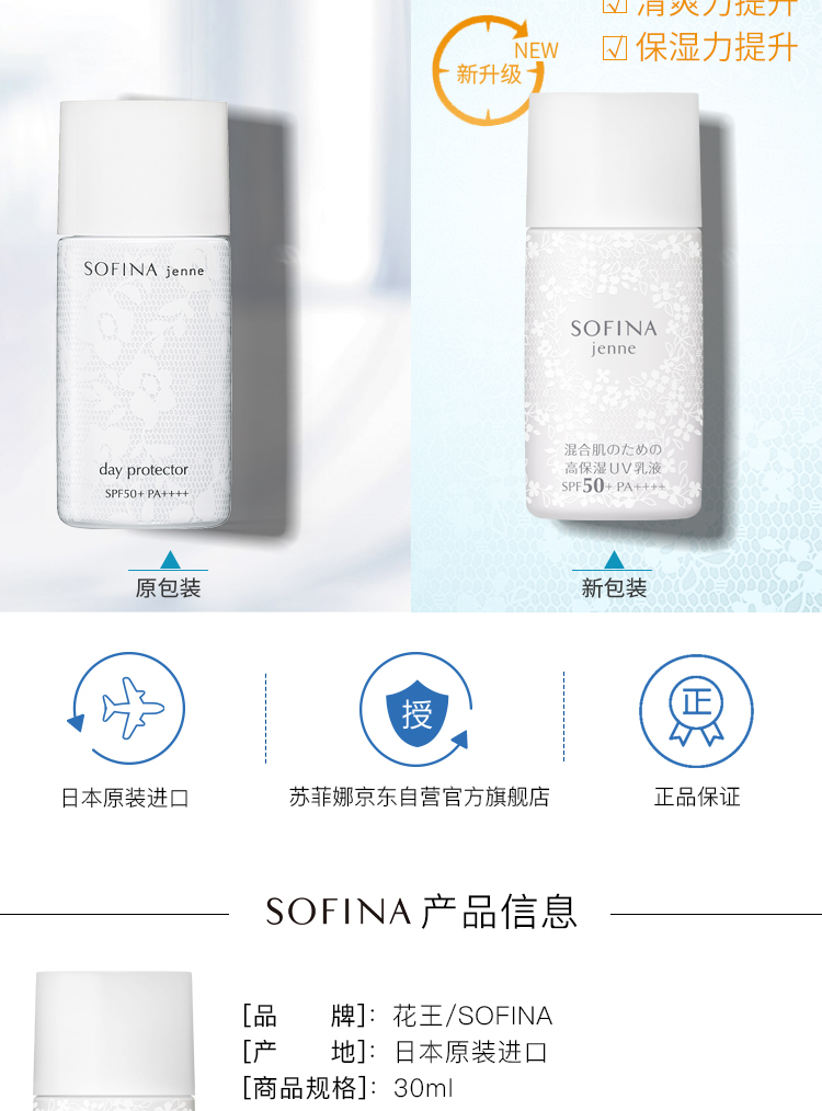 苏菲娜sofina透美颜饱水控油双效日间倍护防护乳液30mlspf50 Pa 新白蕾丝防晒霜补水控油花王集团 广州国冠科技有限公司
